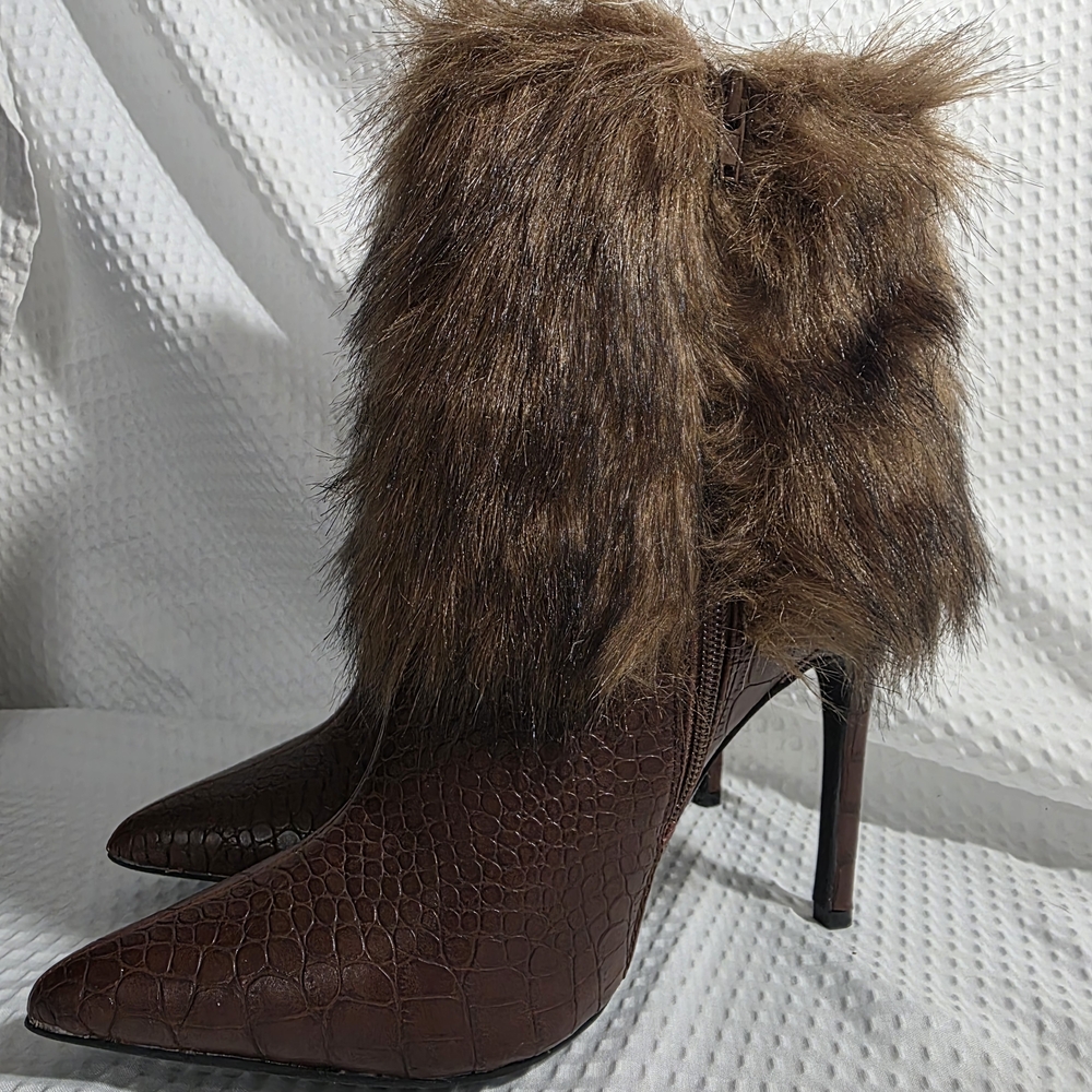 Elegant Brown Faux Fur Heeled Boots